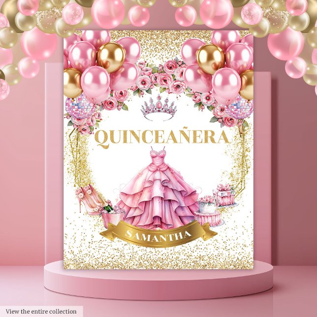 Tenture Glam Quinceañera Arrière-plan Robe Rose Gold Tiara (Glam Quinceañera Backdrop Pink Dress Gold Tiara

)