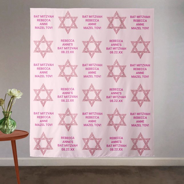 Tenture Glam Rose Star Of David Photo Booth Bat mitzvah (These glam pink Bat Mitzvah backdrop tapestries are easy to personalize for photo booths and décor)