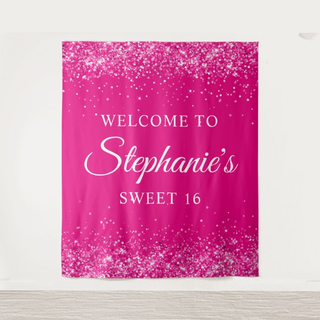 Tenture Glittery Hot Pink Sweet 16 Anniversaire Bienvenue (Devant)