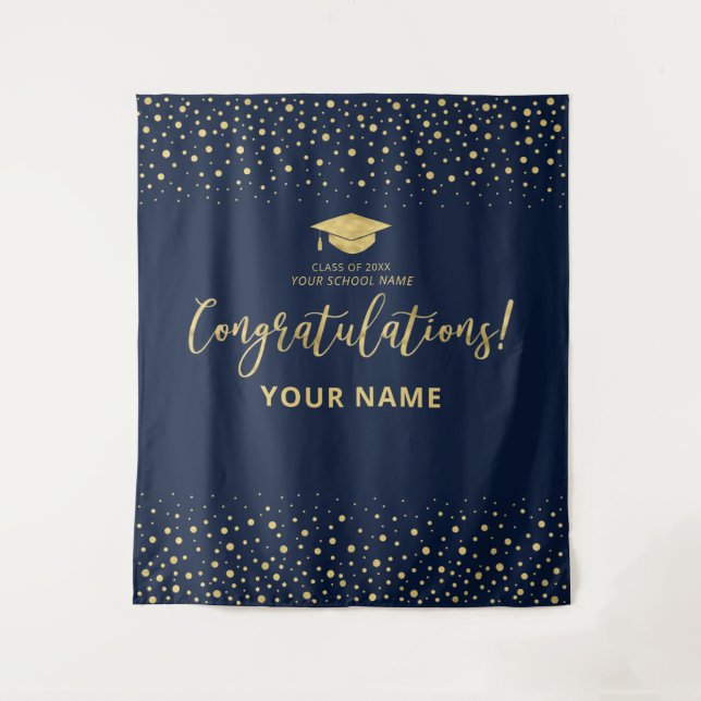 Tenture Gold & Navy Confetti | Félicitation Diplôme (Devant)