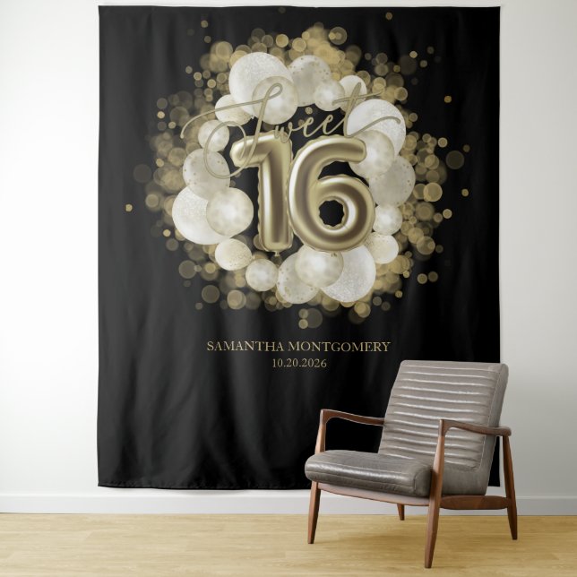 Tenture Gold Sweet 16 Anniversaires Balloons Party Black f (En situation)