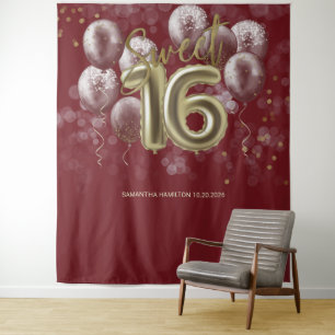 Tenture Gold Sweet 16 Ballons Anniversaires Bourgogne fond