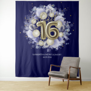 Tenture Gold Sweet 16 ballons Anniversaires Royal Blue fon