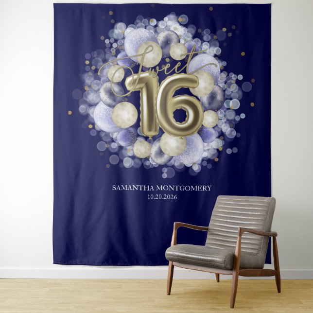 Tenture Gold Sweet 16 ballons Anniversaires Royal Blue fon (En situation)