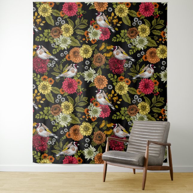 Tenture Goldfinches dans le jardin sur noir (En situation)
