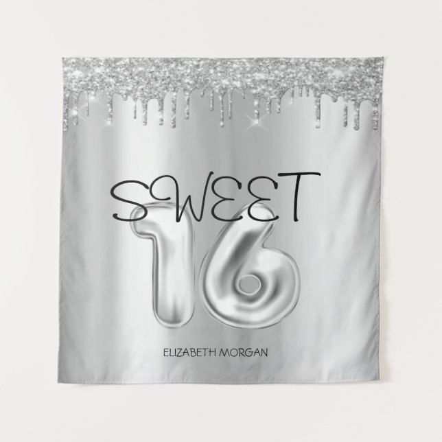 Tenture Gouttes argentées élégantes Sweet 16 (Devant)