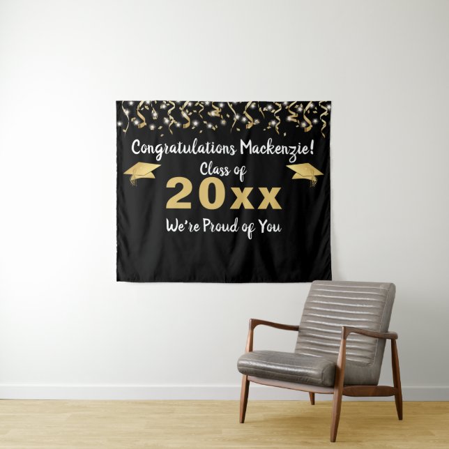 Tenture Graduation Noir Gold Confetti Classe Année Context (En situation (horizontale))
