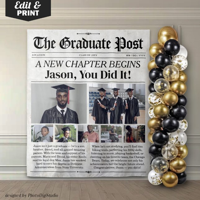 Tenture Graduation personnalisée Journal Graduate Banner P (Custom Graduation Newspaper Graduate Banner Party Tapestry
)