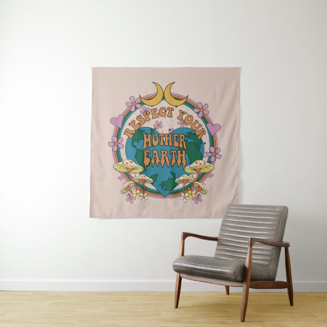 Tenture Graphique de la Terre mère rétro des années 70 (En situation)