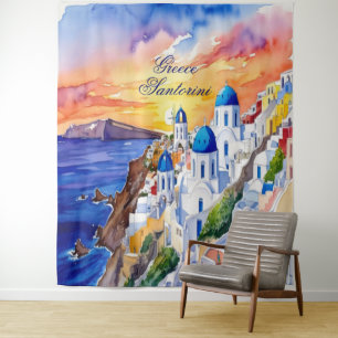 Tenture Grèce Santorini Aquarelle Croquis mer Egée  