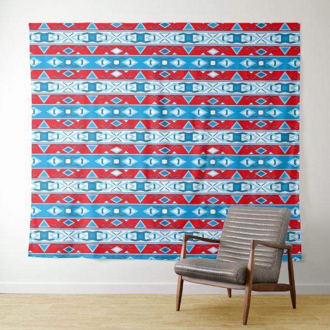 Tenture Grilles et formes géométriques du bleu rouge blanc (En situation (horizontale))