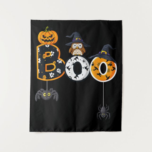 Tenture Halloween Boo Owl avec sorcière Casquette araignée (Devant)