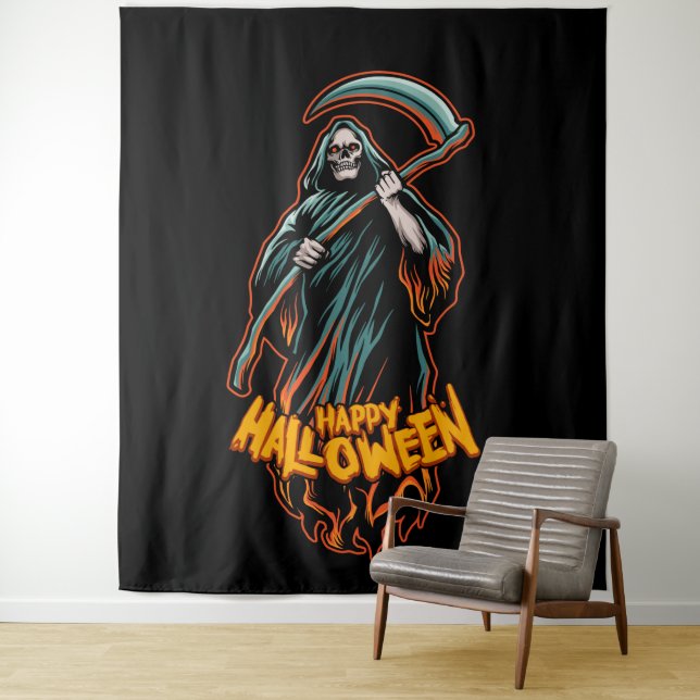 Tenture Halloween faucheuse crâne arrière (En situation)