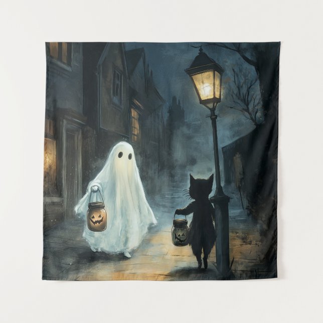 Tenture Halloween Ghost et Rencontre de chat (Devant)