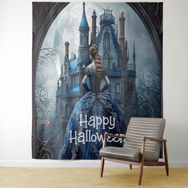Tenture Halloween Party Haunted Maison Bleue Nuit Effrayan (En situation)