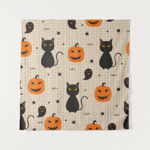 Tenture Halloween sans couture motif avec chat noir et gho