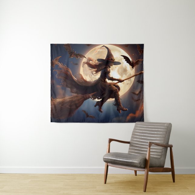 Tenture Halloween Steampunk Witch Vol au clair de lune (En situation (horizontale))