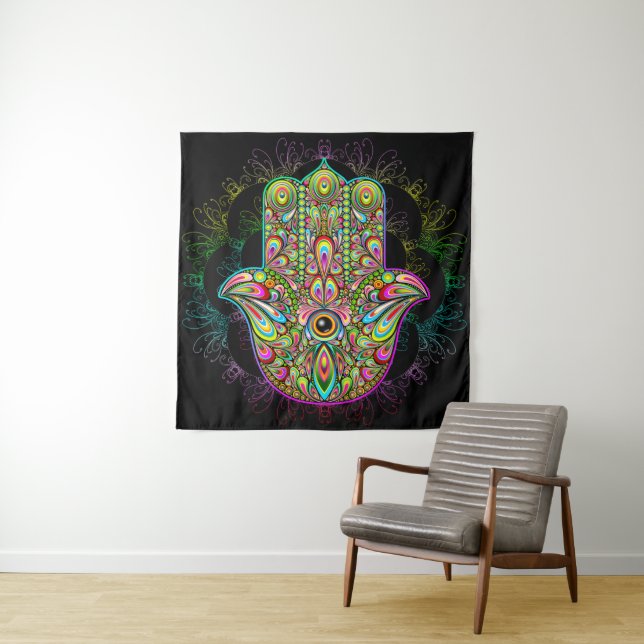 Tenture Hamsa Fatma Main Psychedelic Art (En situation)