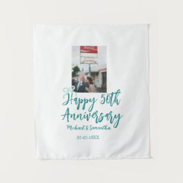 Tenture Happy 50th anniversary photo turquoise bow name da
