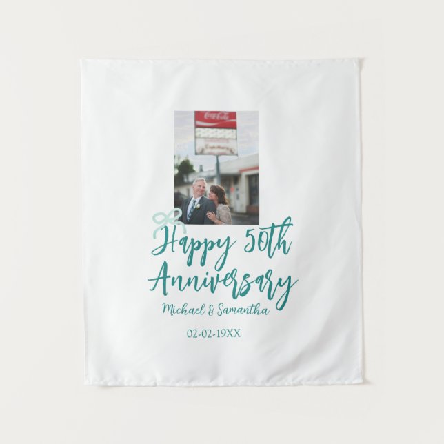 Tenture Happy 50th anniversary photo turquoise bow name da (Devant)