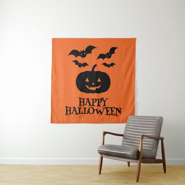 Tenture Happy Halloween Citrouille Bat Minimal (En situation)