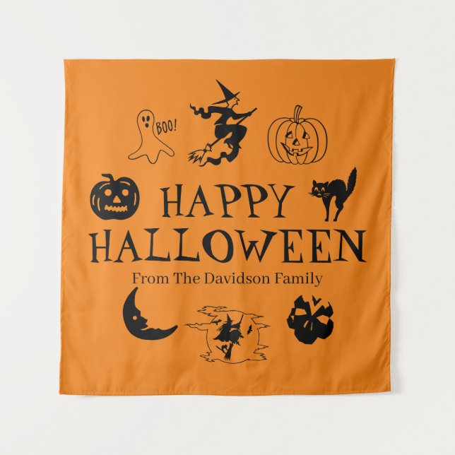 Tenture Happy Halloween nom personnalisé noir et orange (Devant)