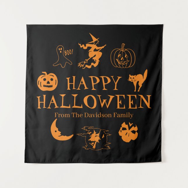 Tenture Happy Halloween nom personnalisé noir orangé décor (Devant)