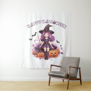 Tenture Happy Halloween violet sorcière Citrouilles et cha
