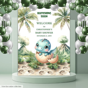 Tenture Hatching Bientôt Baby shower bannière Bleu Dinosau