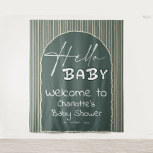 Hello Baby Dark Green Stripes Baby Shower Backdrop