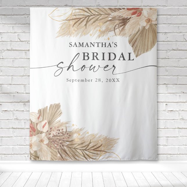 Tenture Herbe des Pampas Séchage de Palme Mariage (Pampas grass dried palm fronds watercolor design on this bridal shower tapestry backdrop.)