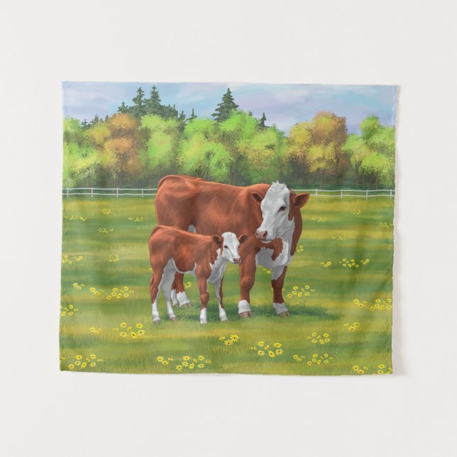 Tenture Hereford Cow & Cute Calf dans les pâturages d'été (Devant (Horizontal))