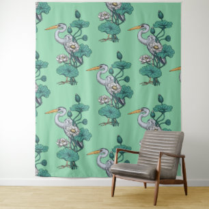 Tenture Héron dans le jardin de lotus blanc sur jade