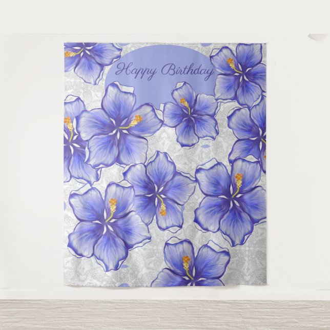 Tenture Hibiscus & dentelle BLEU (Devant)