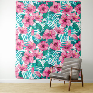 Tenture Hibiscus et palmiers feuilles
