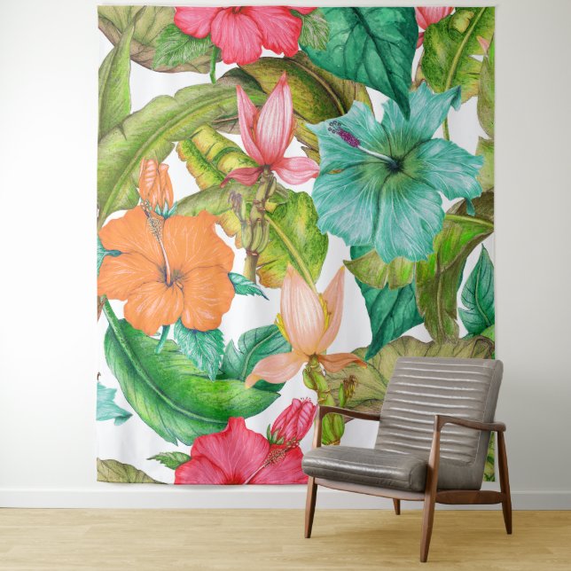Tenture Hibiscus tropical Hawaïen Aquarelle Formes florale (En situation)