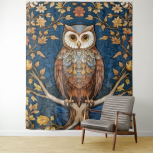 Tenture Hibou sur une branche bleu automne arrière - plan