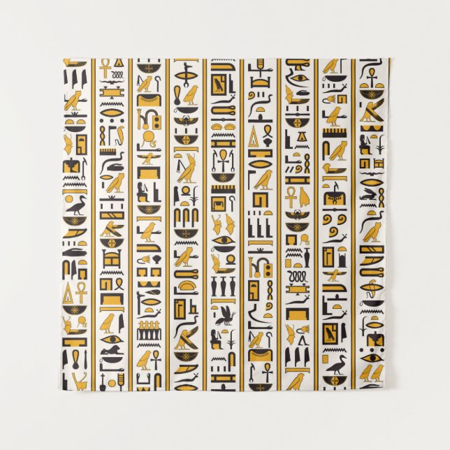 Tenture Hiéroglyphes égyptiens jaune-noir couleur transpar (Devant)