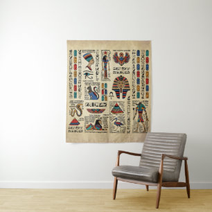 Tenture Hiéroglyphes et divinités égyptiens sur papyrus