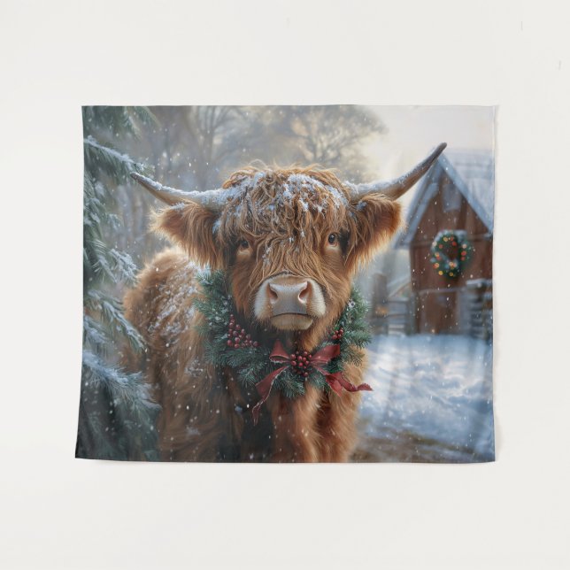 Tenture Highland Cow Rustic Barnyard Noël (Devant (Horizontal))