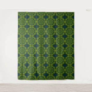 Tenture Hippie Abstraite Vert & Marine Fleurs Bleues Ethni