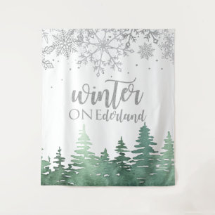 Tenture Hiver Onederland Flocons de neige et arbres argent