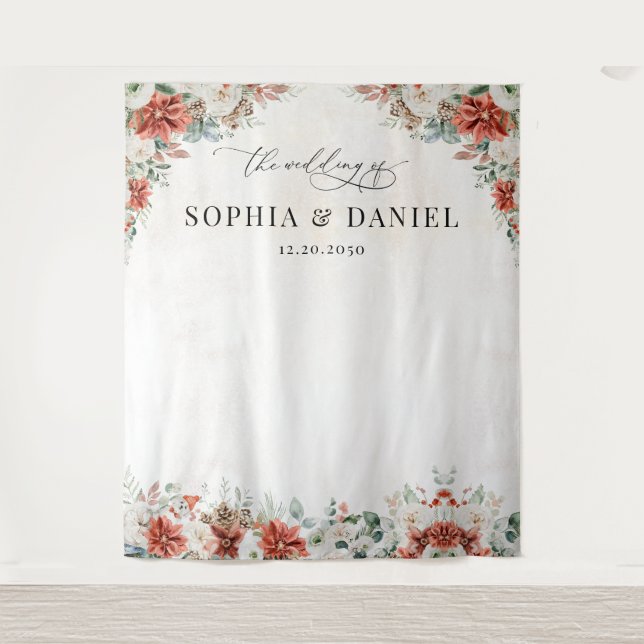 Tenture Hiver Rouge vert Pinecone Mariage fond (Devant)