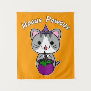 Tenture Hocus Pawcus - Grey Tabby Chat - Écriture Blanche