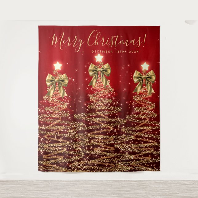 Tenture Holiday Backdrop Gold Red Christmas Trees w/ Bows (Devant)