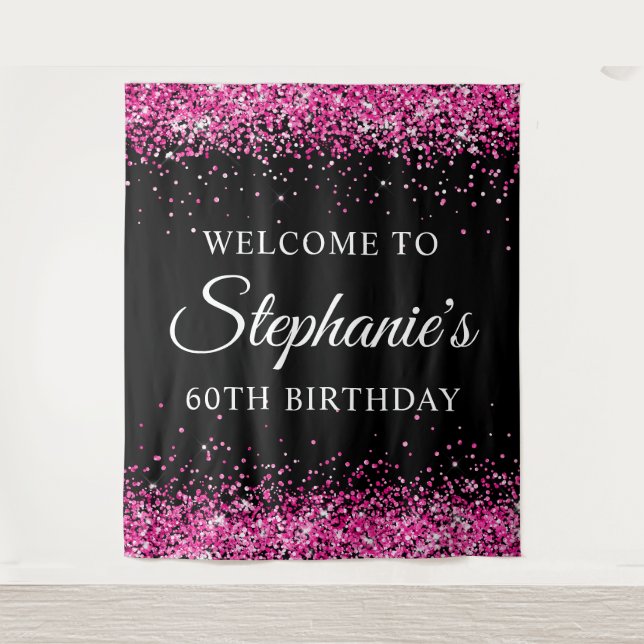 Tenture Hot Pink Glitter Black 60th Birthday Welcome (Devant)