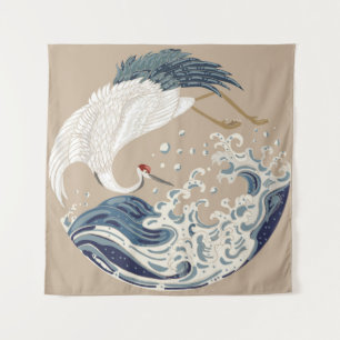 Tenture Illustration de grue et vague japonaise. Tradition