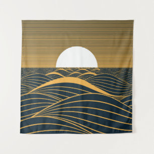 Tenture Illustration de lune de soleil stylisée, mer sombr