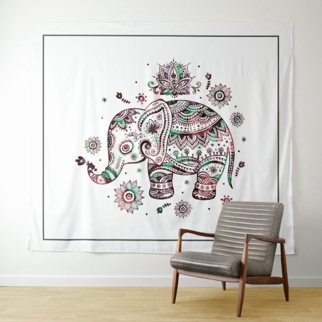 Tenture Illustration d'éléphant à fleurs tribaux mignons (En situation (horizontale))