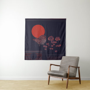 Tenture Illustration du soleil rouge avec un rouge-gorge